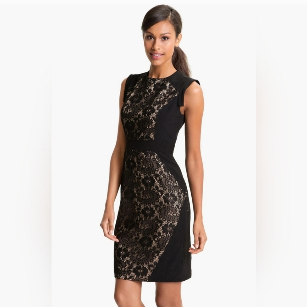 EUC Adrianna Papell black lace sheath cocktail Stretch LBD Dress size 10